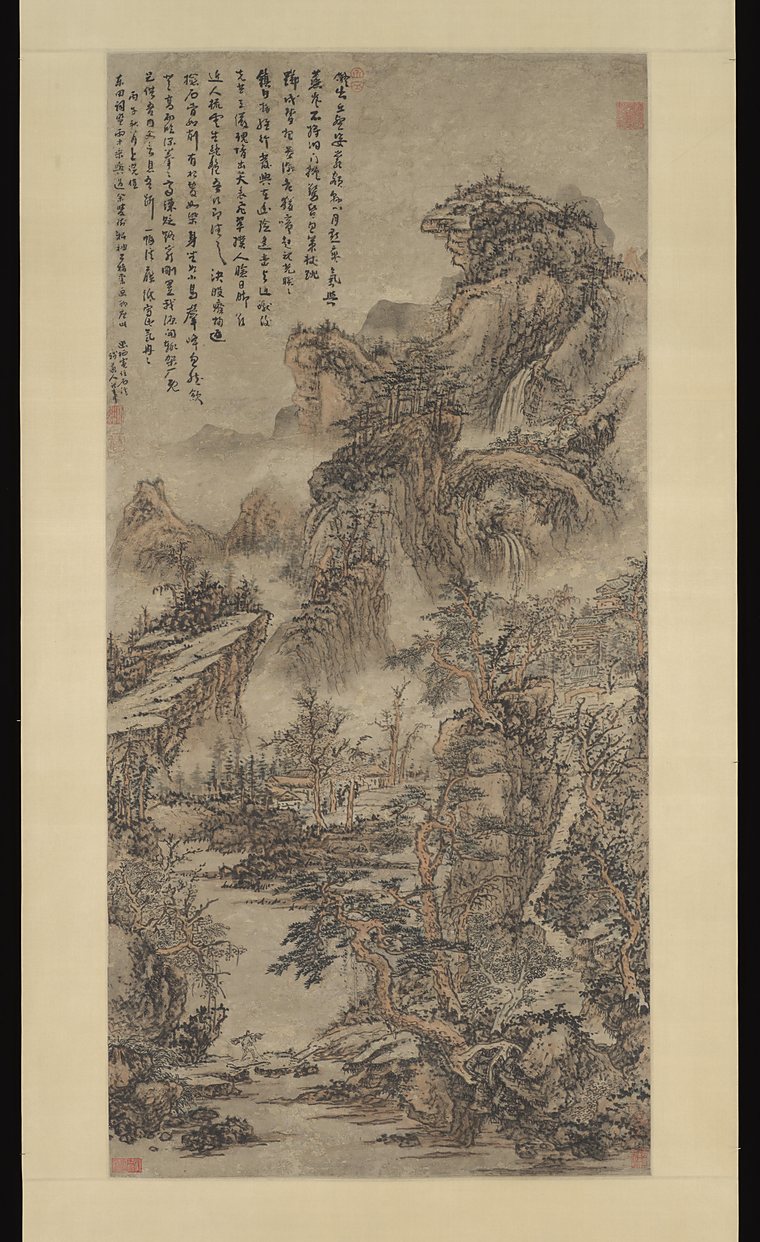 水墨山水立轴（清 · 髡残《Wooded Mountains at Dusk》，1666）